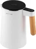 A white electric kettle with a black lid and a wooden handle is shown against a white background. Produktbild-Vorschau