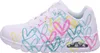 A side view of a white Skechers sneaker with a colorful heart pattern. Produktbild-Vorschau