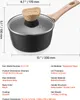 A black saucepan with a wooden handle and a glass lid, shown with dimensions and product specifications. Náhľad obrázku produktu