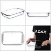A collage of four images showing a glass baking dish from different angles, with one image showing a person holding the dish. Podgląd zdjęcia produktu