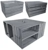 Three wooden crates are displayed against a white background. One crate is shown from the side, another from the top, and a third is assembled into a table-like structure with shelves. Produktbild-Vorschau