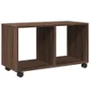 A brown wooden storage unit with two open compartments and wheels on a white background. Náhled obrázku produktu