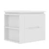 A white bathroom vanity with two shelves on the left and two drawers on the right, shown from a three-quarter angle against a white background. Produktbild-Vorschau