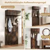 A collage of images showing a dark brown wooden wall-mounted coat rack with a cabinet above, displayed in different room settings: an entryway, a living room, and a bathroom. Náhled obrázku produktu