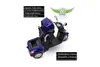 A blue electric scooter shown from a diagonal angle on a white background, with text overlays highlighting features and a logo. Produktbild-Vorschau