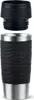 A black travel mug with a textured wave pattern and a silver base, shown with its black lid. Produktbild-Vorschau