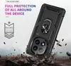 A black phone case with a ring holder is shown in a dynamic pose, appearing to be dropped onto a rocky surface. Text overlays highlight its protective features. Anteprima dell’immagine prodotto