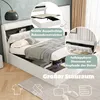 A white upholstered bed frame with storage compartments, shown with bedding and decorative pillows. Inset images highlight the bed's construction and storage features. Anteprima dell’immagine prodotto