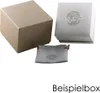 A beige cardboard box, a white gift box with a Medusa logo, and a grey pouch are arranged on a white background. The text "Beispielbox" is at the bottom. Produktbild-Vorschau
