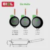 A size chart comparing three different sizes of BIOL cast iron pans, showing their capacities, recommended servings, dimensions, and article numbers. A technical drawing of one pan is also included. Produktbild-Vorschau