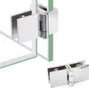 A product shot of glass hinges for shower doors, shown in two configurations. Podgląd zdjęcia produktu