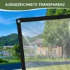 A transparent tarp is shown in the foreground, with a scenic view of a lake, mountains, and a house in the background. Produktbild-Vorschau