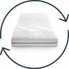 A white mattress is shown in the center of the image, surrounded by a dark blue circular arrow graphic. Produktbild-Vorschau