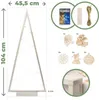 A collage of images showing a wooden Christmas tree frame, its components, and decorative elements. Náhled obrázku produktu