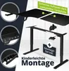 A collage of images showing parts of an adjustable desk and its assembly. Náhled obrázku produktu