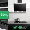 A modern kitchen scene featuring a black and silver range hood over a black induction cooktop with a pot on it. The image is divided into sections with text overlays highlighting product features. Produktbild-Vorschau