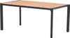 A rectangular table with a light teak-look tabletop and black metal legs, shown against a white background. Produktbild-Vorschau