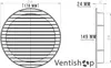 Technical drawing of a round ventilation grille with dimensions and a side view. Produktbild-Vorschau