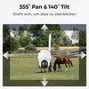 A security camera is shown in a field with two horses, illustrating its pan and tilt capabilities. Produktbild-Vorschau