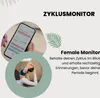 A collage of images and text promoting a female cycle monitor app. Produktbild-Vorschau