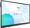 A Samsung interactive display is shown from a slightly angled side view, displaying a colorful abstract background with icons and a search bar. Produktbild-Vorschau
