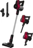 A red and black cordless vacuum cleaner with accessories, displayed against a white background. Voir les images du produit