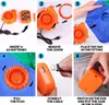 A collage of six images showing the steps to assemble and use an inflatable costume fan. Náhled obrázku produktu
