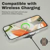 A clear phone case is shown on a wireless charging pad, with a graphic indicating compatibility with wireless charging. Produktbild-Vorschau