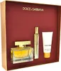 A gift set of Dolce & Gabbana 'The One' fragrance, containing a large perfume bottle, a travel-sized spray, and a body lotion tube, presented in a maroon and gold box. Produktbild-Vorschau