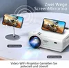 A projector and a smartphone are shown, demonstrating two connection methods: WiFi and wired. The projector is projecting an image, and the smartphone is displaying a motocross scene. Produktbild-Vorschau