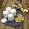 Four jars of yogurt with white lids are arranged on a dark gray slate plate, with dried orange slices and a jar of dried fruit in the background, all on a wooden table. Anteprima dell’immagine prodotto