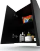 An open black cabinet with various bathroom products and a box of detergent on the top shelf. Voir les images du produit