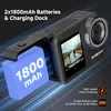 A close-up marketing image of an action camera with a battery pack being inserted, highlighting its features. Produktbild-Vorschau