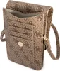 A close-up, angled view of a brown Guess logo-patterned phone case with card slots. Podgląd zdjęcia produktu