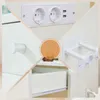 A collage of close-up shots of a white vanity table, showing its features like an electrical outlet with USB ports, a drawer, a handle, and a wall-mounted holder. Produktbild-Vorschau
