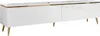 A white, high-gloss TV cabinet with gold accents and legs, presented on a white background. Produktbild-Vorschau
