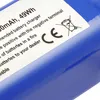 A close-up of a blue battery with a white label showing product information and regulatory symbols. Náhled obrázku produktu