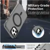 A phone case with a magnetic ring is shown in a dynamic, angled shot with a blurred city background. Smaller inset images highlight features like camera protection and button design. Anteprima dell’immagine prodotto