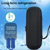 A black insulated bag with blue ice packs and informational text about temperature control and long-term refrigeration. Produktbild-Vorschau