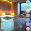 A humidifier with LED lighting in a bedroom setting, with multiple color options shown. Produktbild-Vorschau
