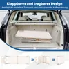 A folded cot is shown in the trunk of a car, with smaller images below demonstrating its folding mechanism. Náhled obrázku produktu