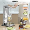 A person is using a commercial french fry cutter to cut potatoes. The image also shows examples of diced, sliced, and cubed fruits and vegetables. Náhled obrázku produktu