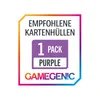 A marketing graphic for recommended card sleeves, showing a pack of purple sleeves. Produktbild-Vorschau