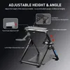 A gaming wheel stand with adjustable height and angle, featuring callouts for its features. Produktbild-Vorschau