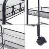 A collage of four close-up images of a black metal rolling cart, showing different angles and details of its construction and wheels. Anteprima dell’immagine prodotto