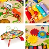 A collage of four images showcasing different parts of a wooden activity table for children, featuring various interactive elements like a bead maze, xylophone, gears, and animal figures. Podgląd zdjęcia produktu
