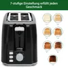 A black toaster with a dial and buttons, alongside seven images of toast at different browning levels. Produktbild-Vorschau