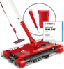 A collage showing a red cordless sweeper with accessories and a review badge. Produktbild-Vorschau