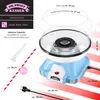 A collage of images showing a blue and white retro-style cotton candy machine, its accessories, and its dimensions. Produktbild-Vorschau