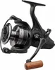A black fishing reel with a wooden handle is shown against a white background. Podgląd zdjęcia produktu